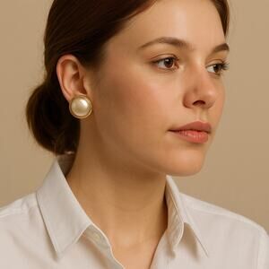 Vintage Gold Clip-On Earrings Faux Pearl Dome Round Retro 80s